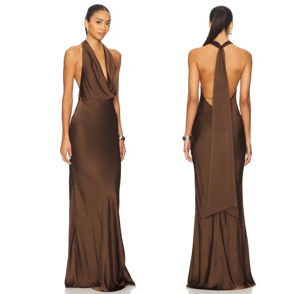 NEW SAU LEE Pearl Gown in Mocha Brown Satin Formal Halter Maxi Dress 6 Medium - Picture 2 of 2